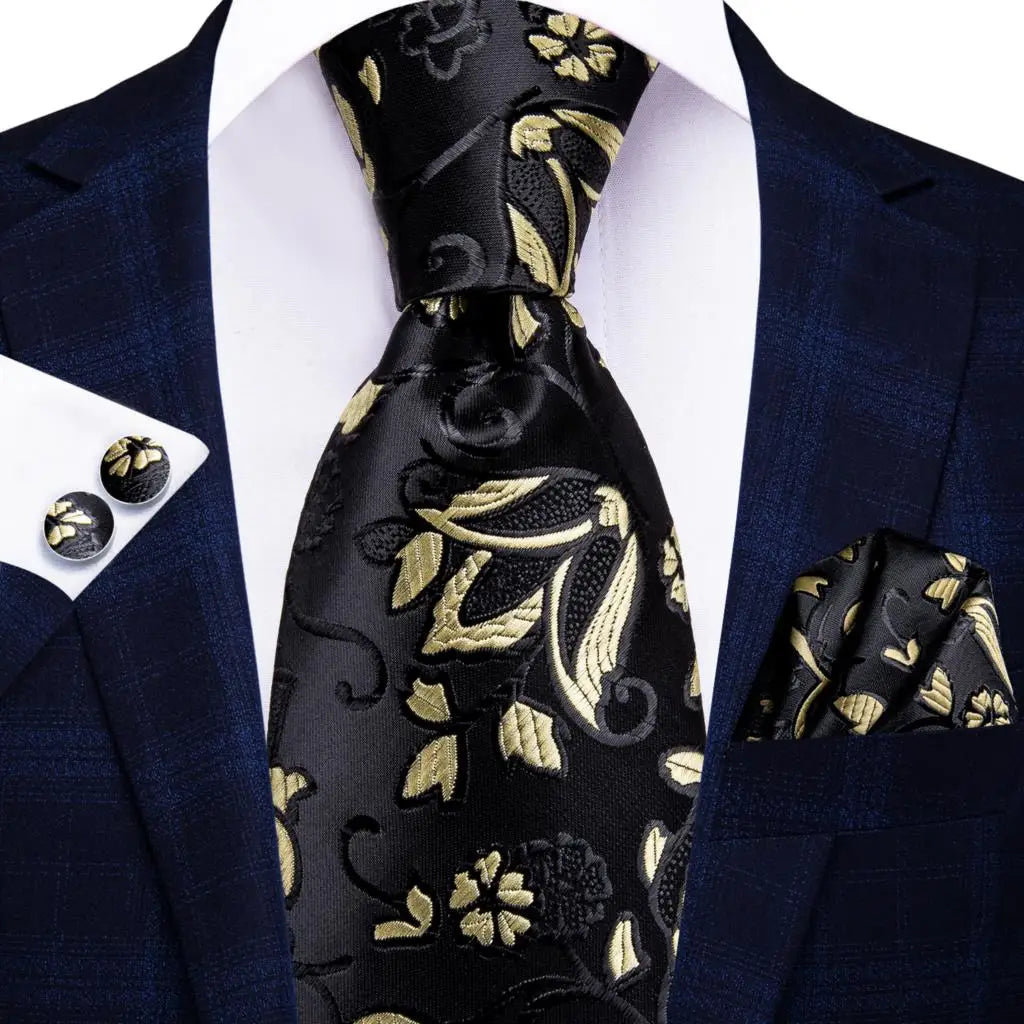 Floral Necktie Set for Men — Tie, Pocket Square & Cufflinks