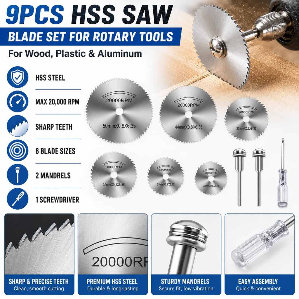 9pcs Rotary Tool Cutting Wheel Set HSS Saw Disc Blades 1/8' & 1/4' Shank Wood Plastic Aluminum Cutting Set with Screwdriver