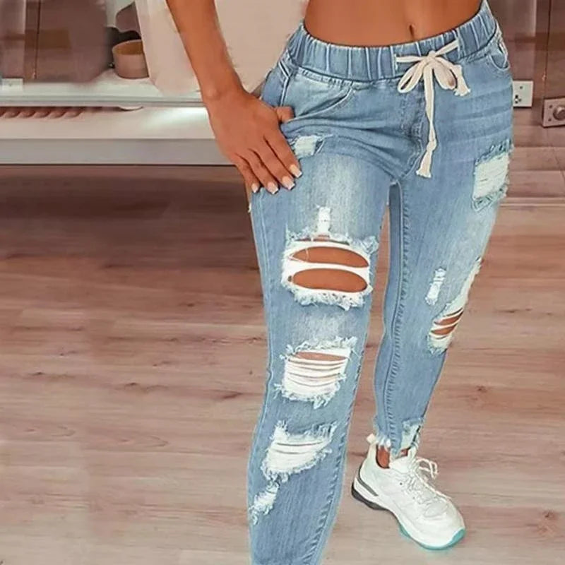 High-Waist Ripped Drawstring Pencil Jeans – 4 Colors