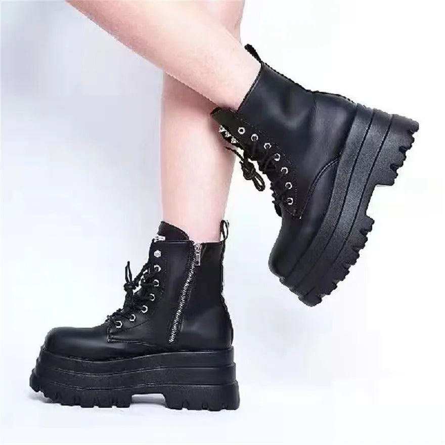 Punk Style Women Platform Wedges Boots 2025 Autumn Soft Leather Fashion Metal Rivet Female Lace Up High Heel Gothic Shoes Black