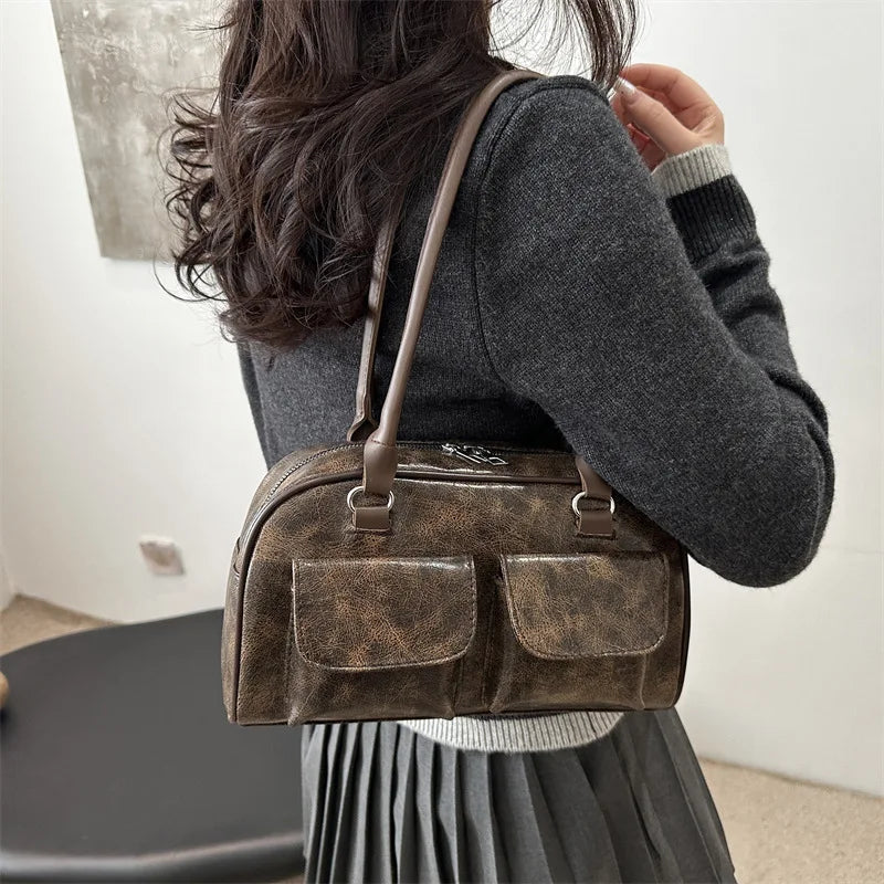Women's Vintage Business Shoulder Bag — PU Leather Baguette Commute Tote