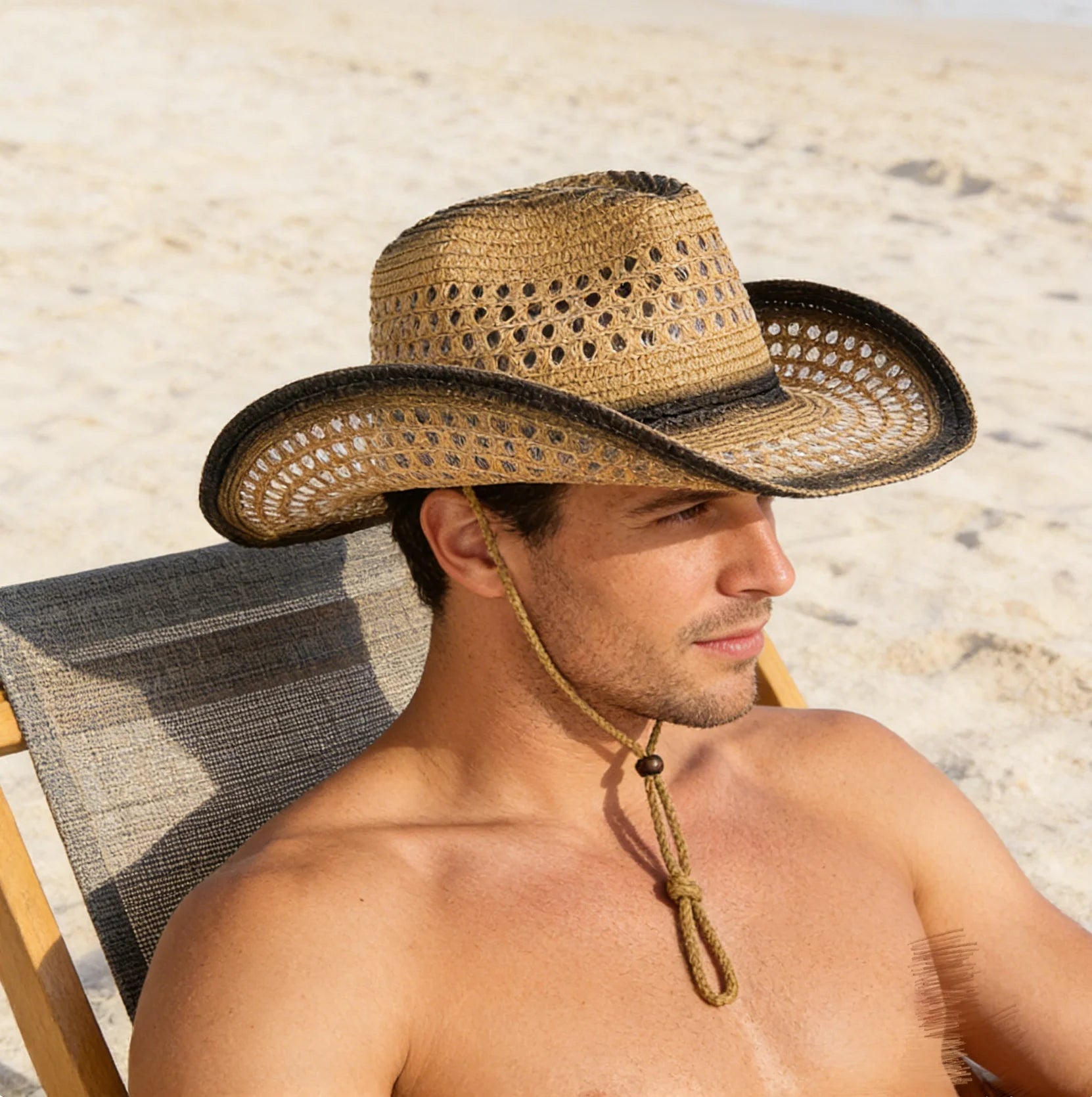 Breathable Hollow-Out Woven Denim Straw Hat with Black Trim and Contrasting Color, with Windproof Strap, Suitable for Outdoor Beach Sun Protection, Unisex, Holiday Gift