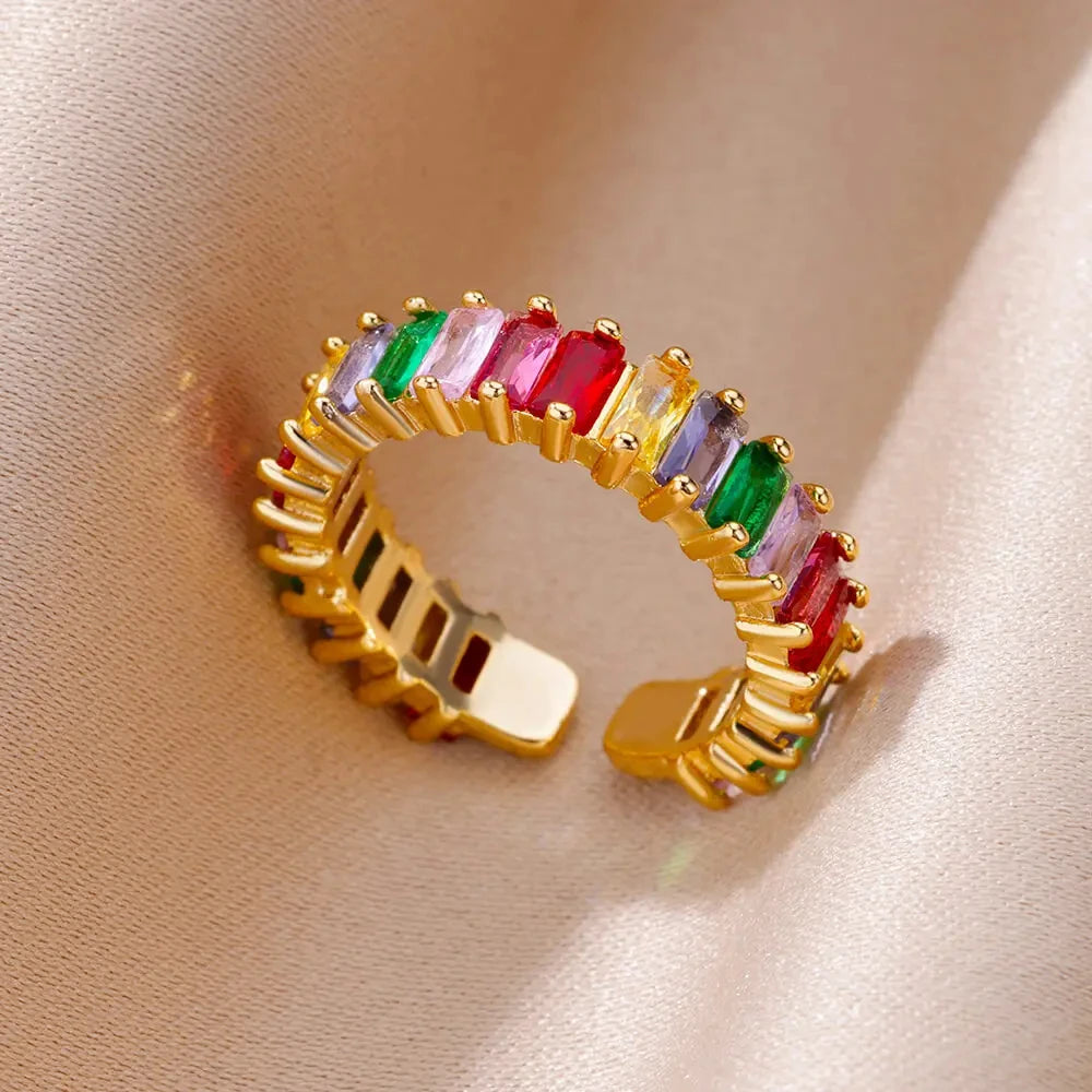 Colorful Cubic Zirconia Open Ring | 18K Gold Plated Stainless Steel | Boho Vintage Style | Women's Gift