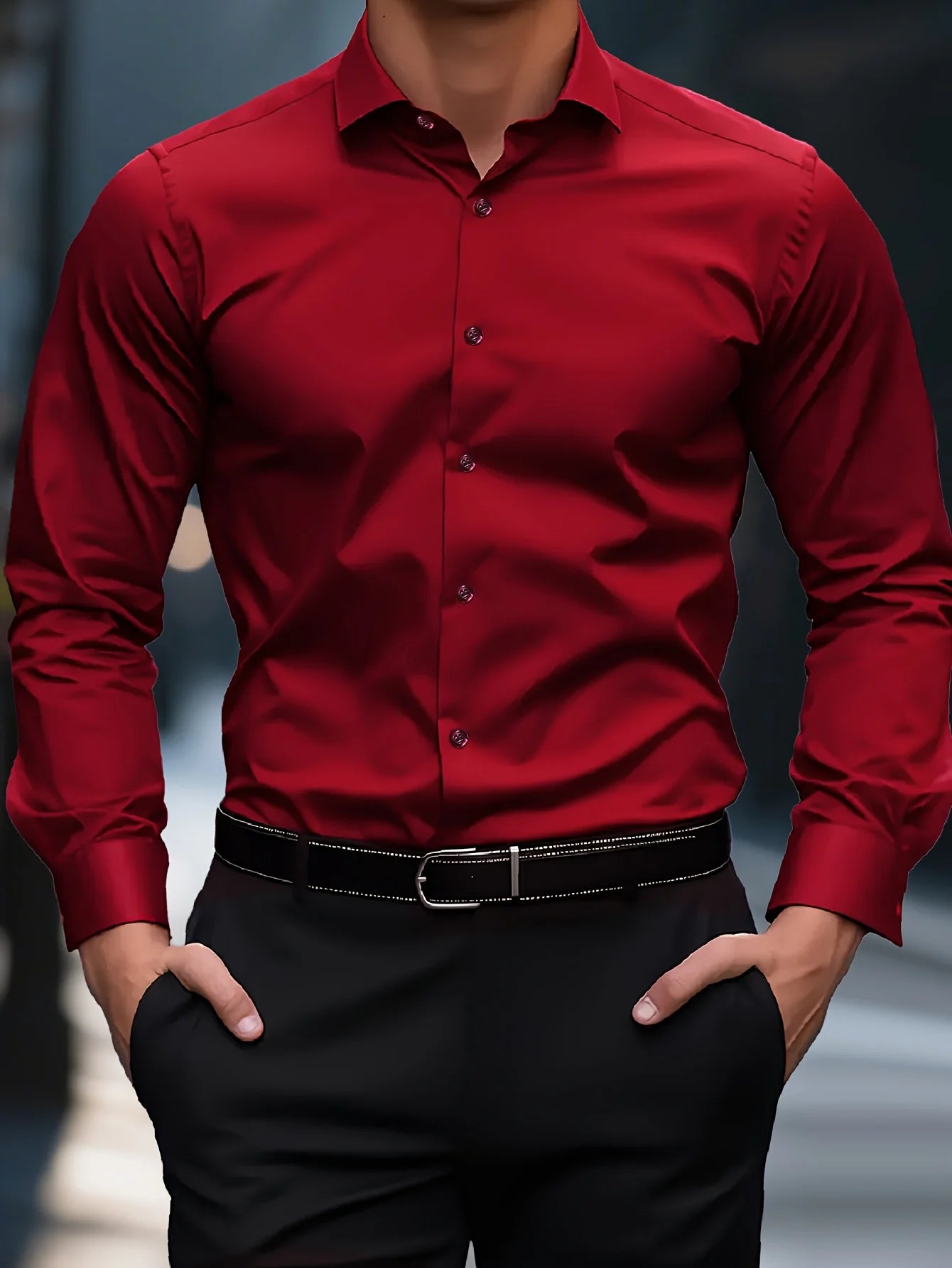 Camisa de manga larga de color liso para hombre