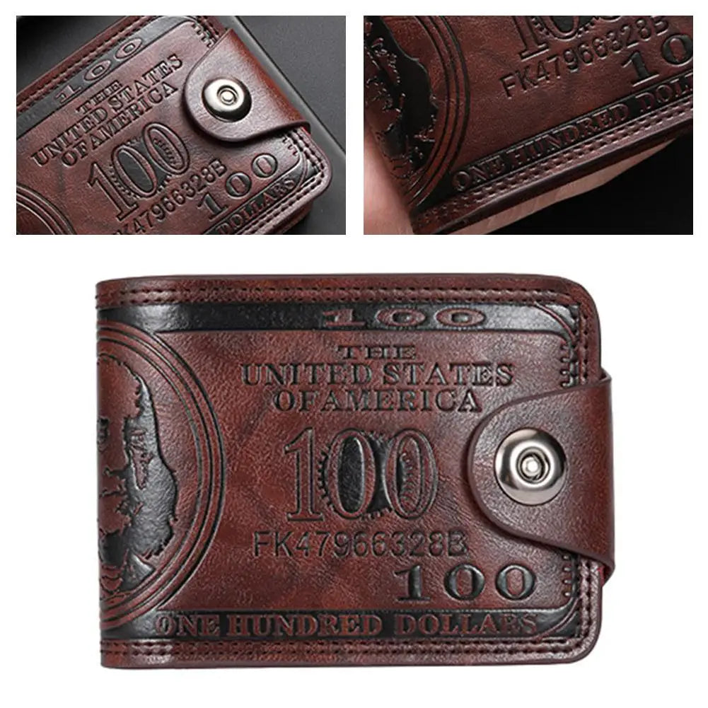 Vintage $100 Bill Pattern Wallet — Multi-Functional PU Leather Snap & Zipper Wallet