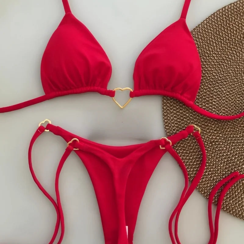 Low-Rise Lace-Up Bikini Set – Solid Color Two-Piece Swimsuit