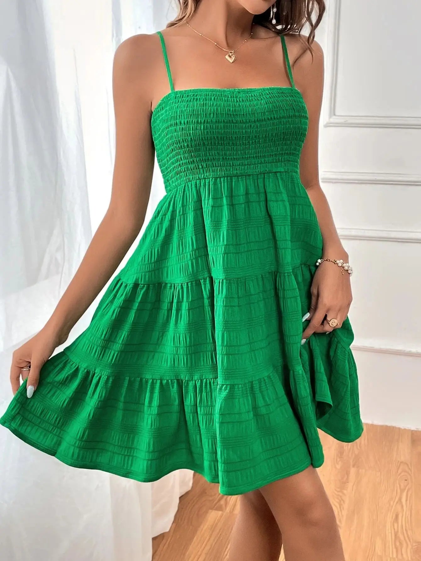 Women's Smocked Bustier Spaghetti Strap Tiered Mini Dress