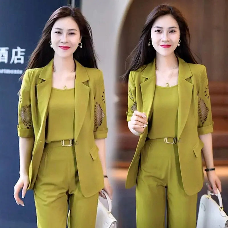 Women's 3-Piece Vintage Hollow Jacket Suit Set – Jacket, Tank Top & Pants