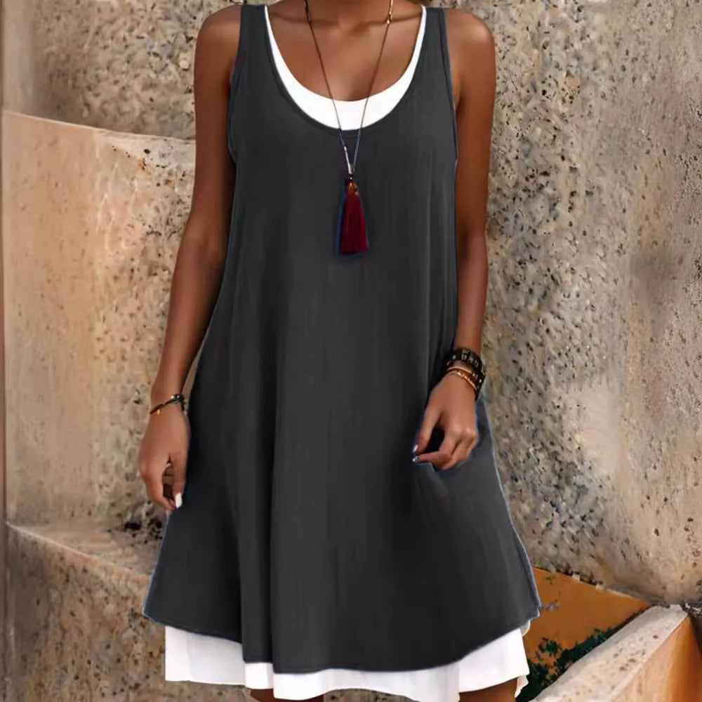 Women's Sleeveless Fake Two-Piece Loose A-Line Dress