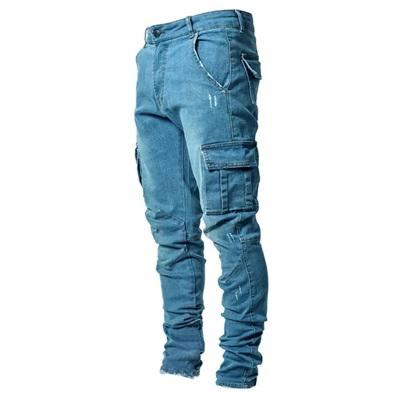 Men’s Multi-Pocket Cargo Jeans – Relaxed Fit Washed Denim Pants
