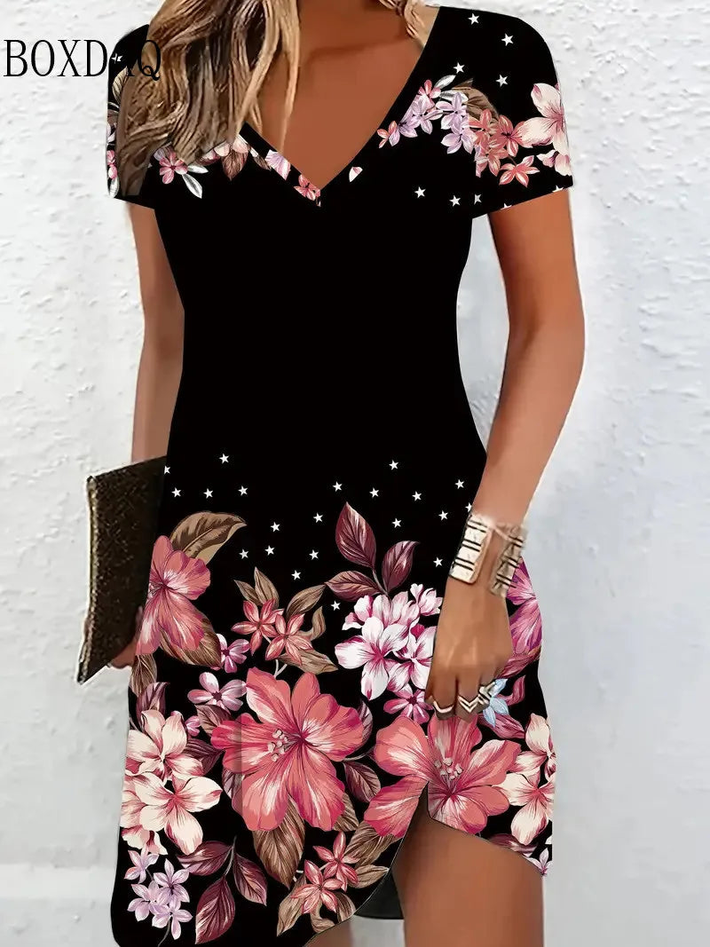 Women's 3D Floral Print Short Sleeve V-Neck A-Line Dress