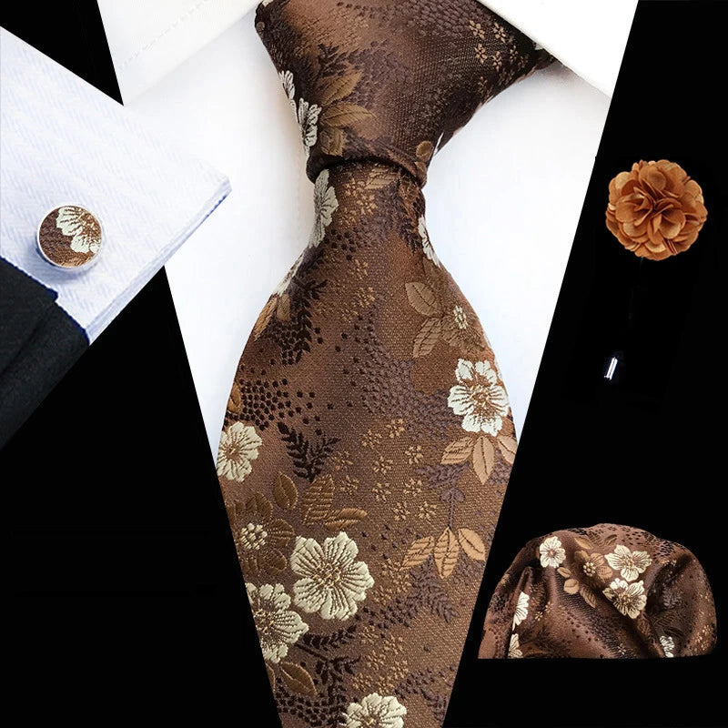 Floral Silk Necktie, Pocket Square & Cufflinks Set – Multiple Colors