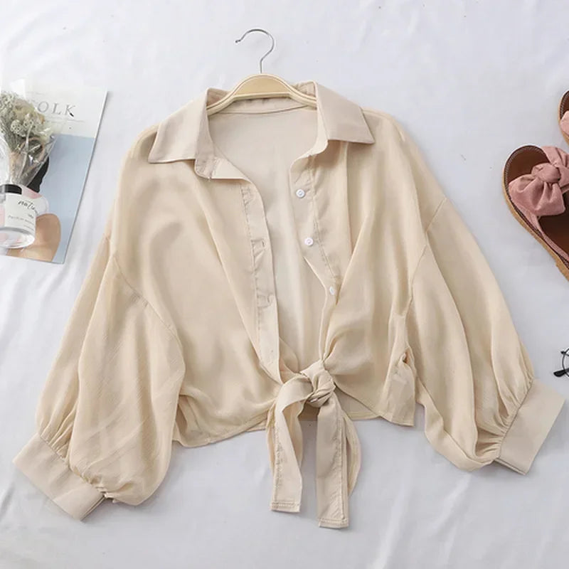 Women's Tied Waist Blouse - Bat Sleeve Button Front (S-XXL)