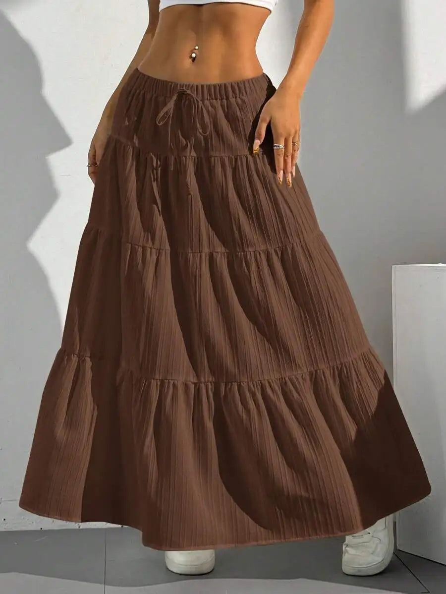 Tie-Strap Pleated Flared Maxi Skirt