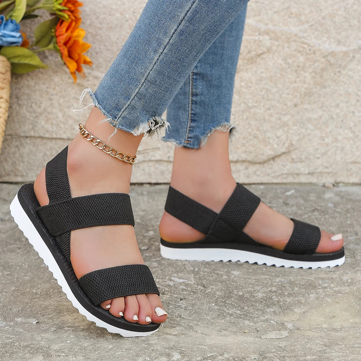 Women's Flat Sandals – Anti-Slip Casual Slides in Black & Khaki