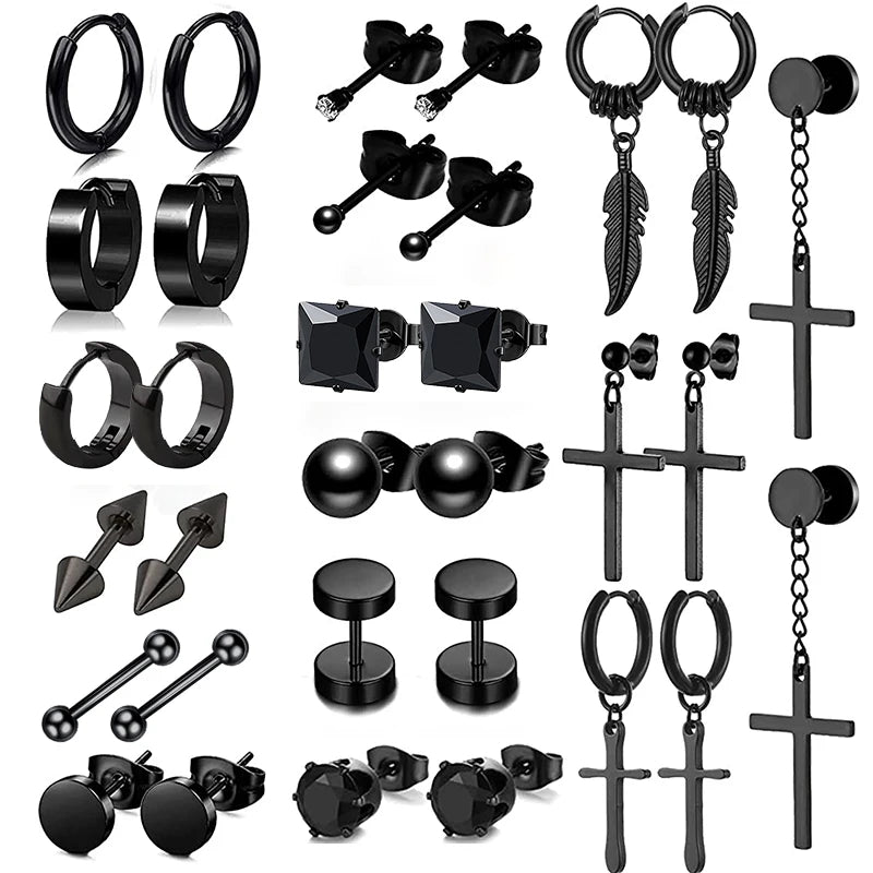 Punk Stainless Steel Hoop & Stud Earrings – Unisex Round & Cross Style