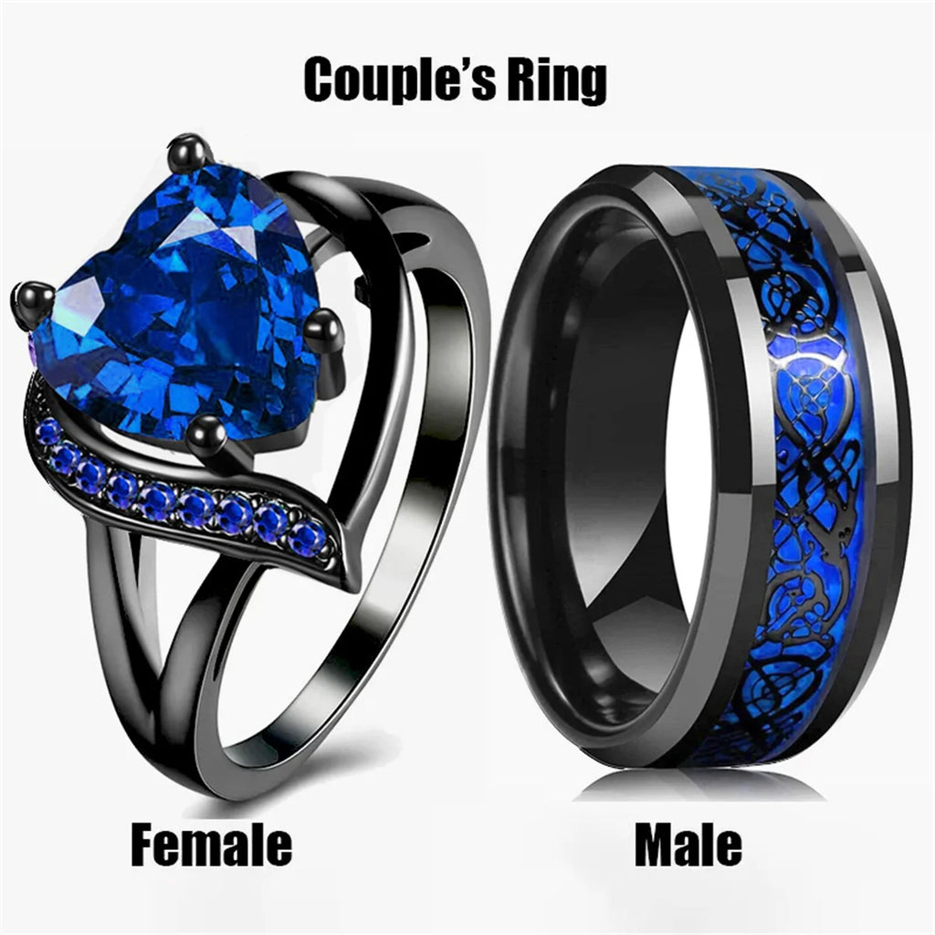 Heart Rhinestone & Celtic Dragon Couple Ring Set | His & Hers Wedding & Anniversary Jewelry