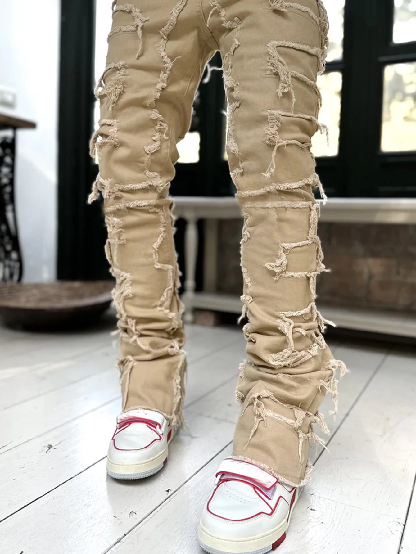 Unisex Stacked Ripped Distressed Slim Jeans