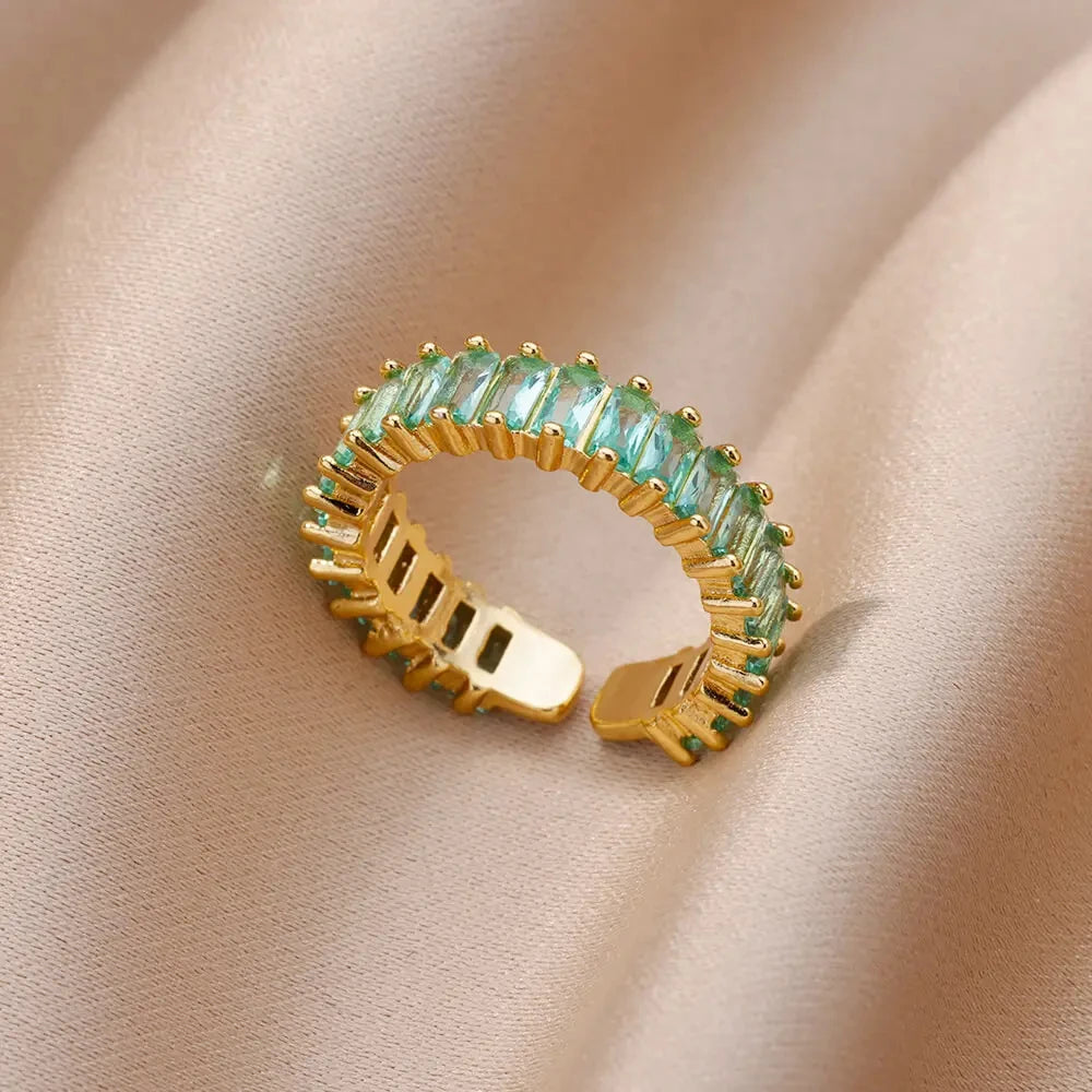 Colorful Cubic Zirconia Open Ring | 18K Gold Plated Stainless Steel | Boho Vintage Style | Women's Gift