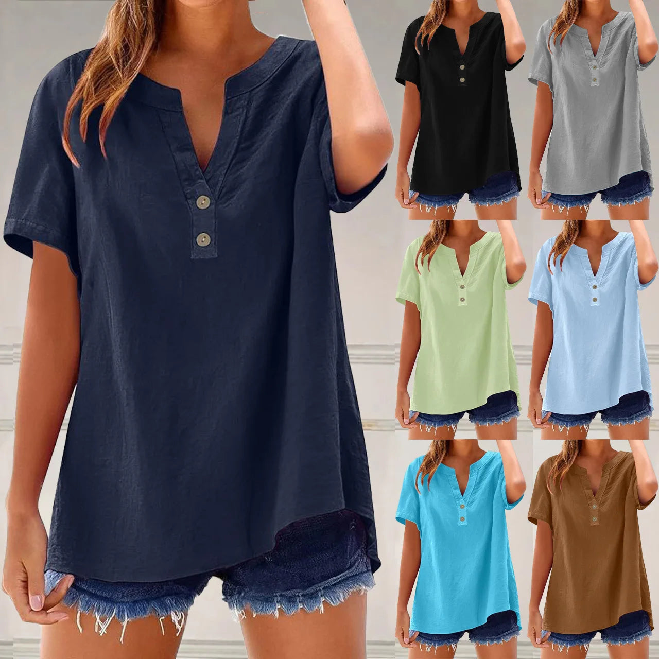 Summer Cotton Linen Women Shirts Fashion Breathable Solid Color V-Neck Blouses Casual Short Sleeve Button Lady Office Tops 2025