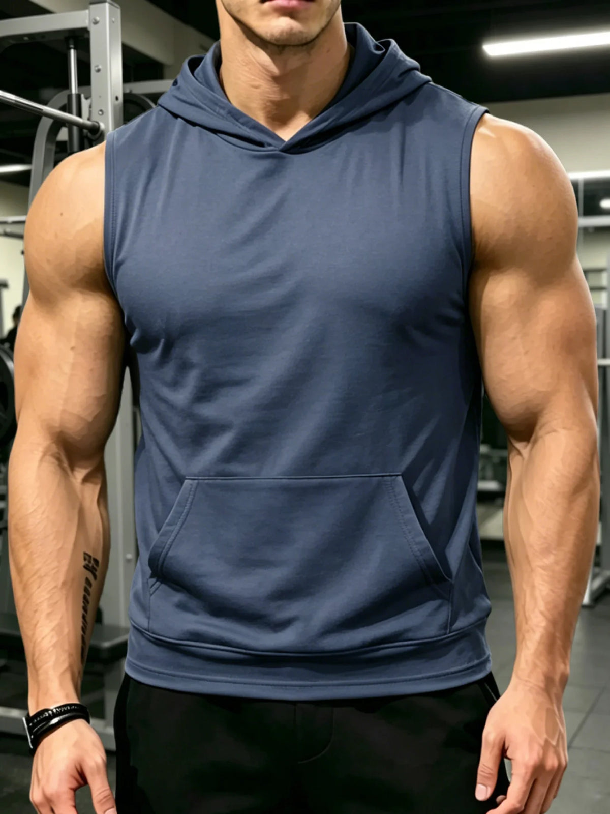 Unisex Hooded Sleeveless Gym Vest – Deep Cut Training Top with Kangaroo Pocket