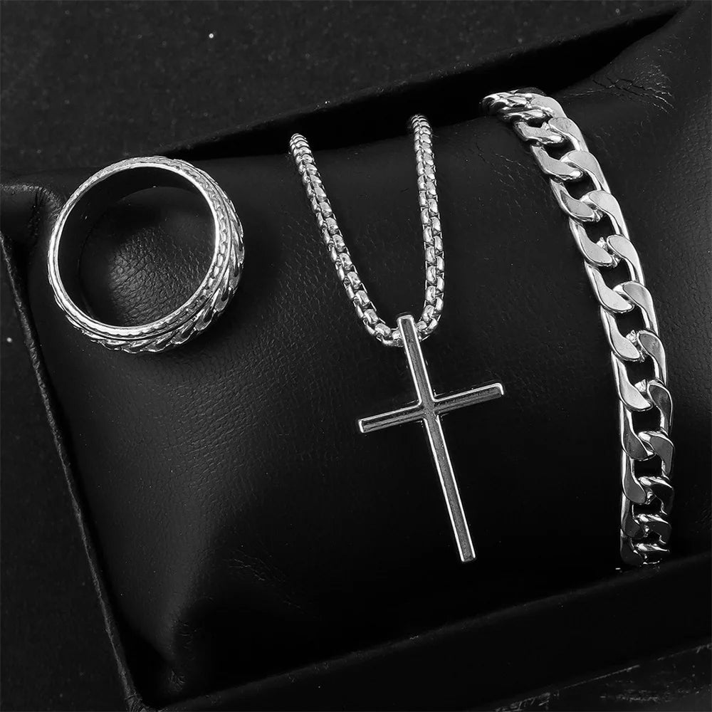 Punk Cross Pendant Necklace, Bracelet & Ring Set | 3-Piece Hip Hop Jewelry