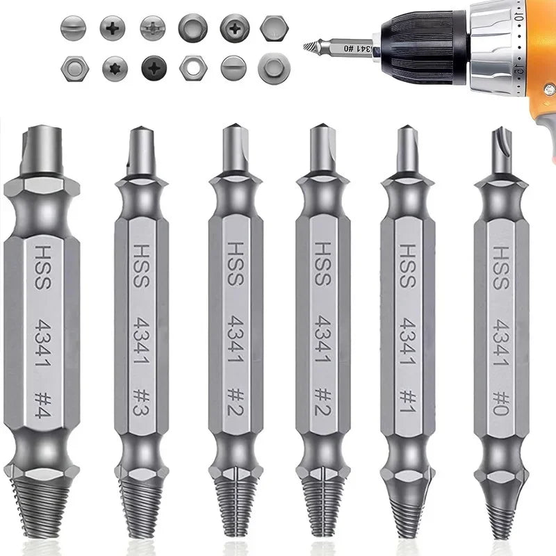 6-Piece Damaged Screw Extractor Set – HSS Drill Bit, Stripped & Broken Screw Remover Kit