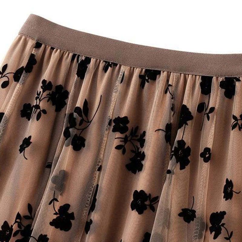 Floral Flocked Tulle Pleated Midi Skirt