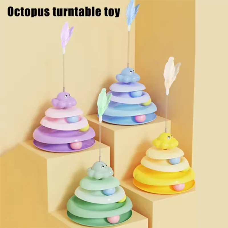 3-Layer Cat Turntable Ball Toy with Octopus Teaser Wand – Interactive Puzzle Toy for Cats