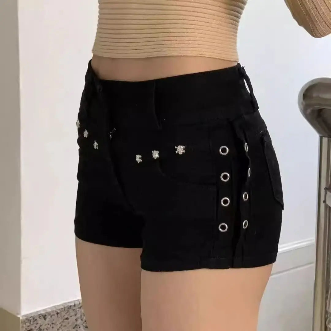 Lace-Up Skinny Denim Shorts – Black