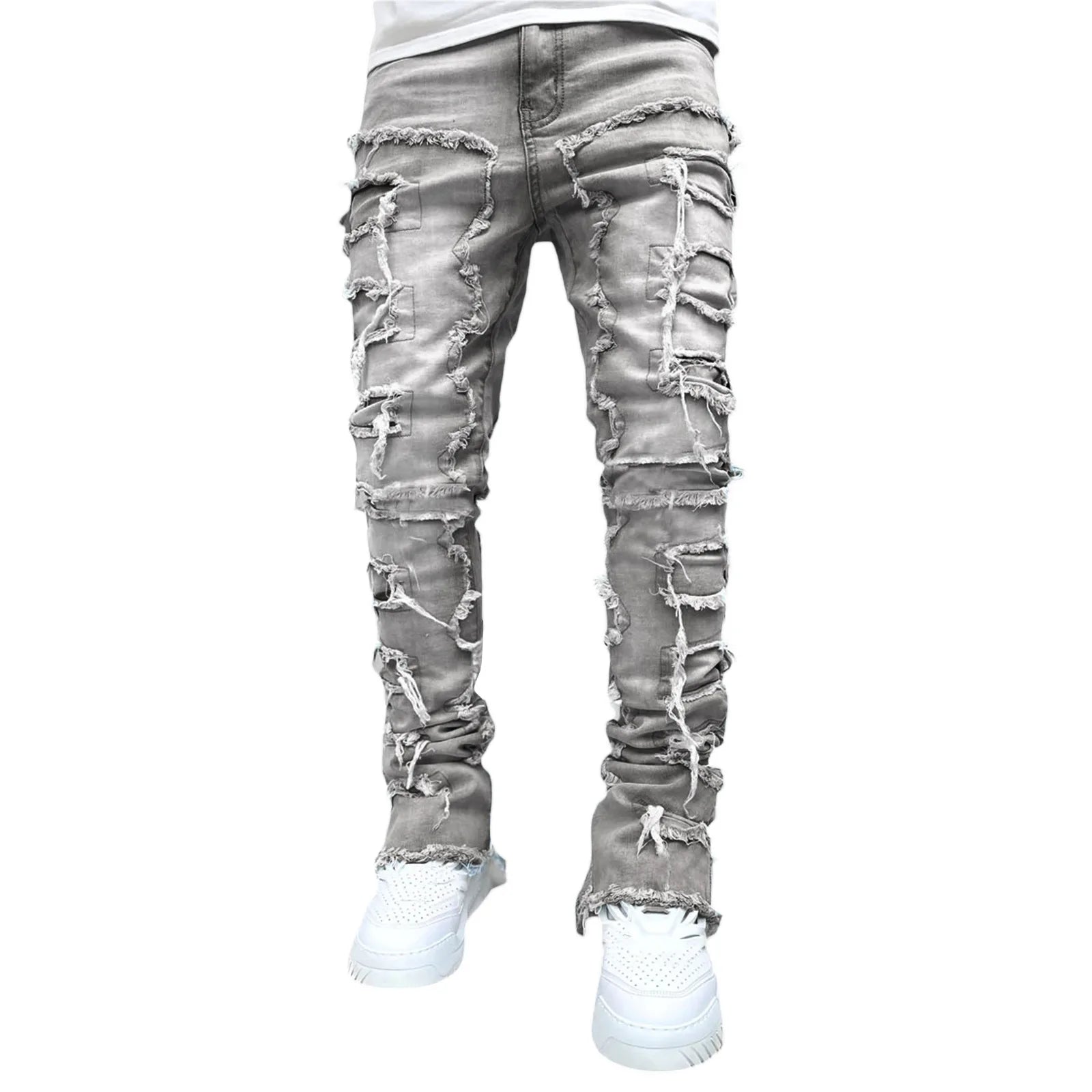 Unisex Stacked Ripped Distressed Slim Jeans
