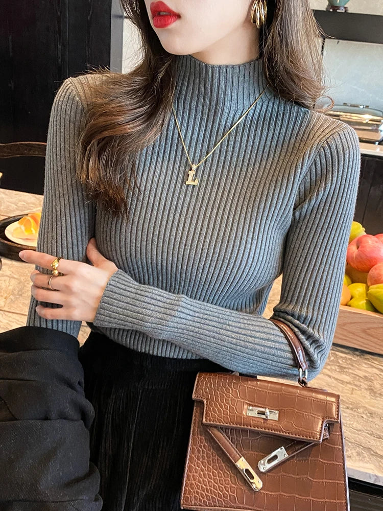 Women's Elegant Mock Neck Slim Knit Sweater | Long Sleeve Casual Pullover 9 Colors One Size