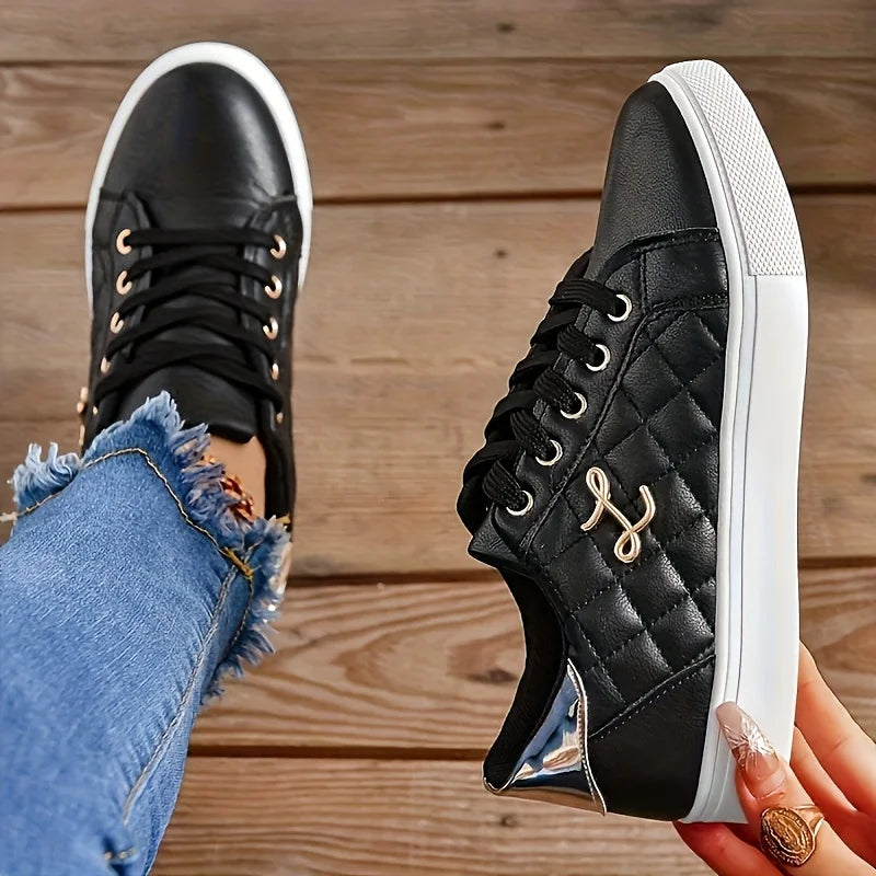 Women's Gold-Embellished Lace-Up Sneakers – Lightweight PU Low-Top Casual Shoes