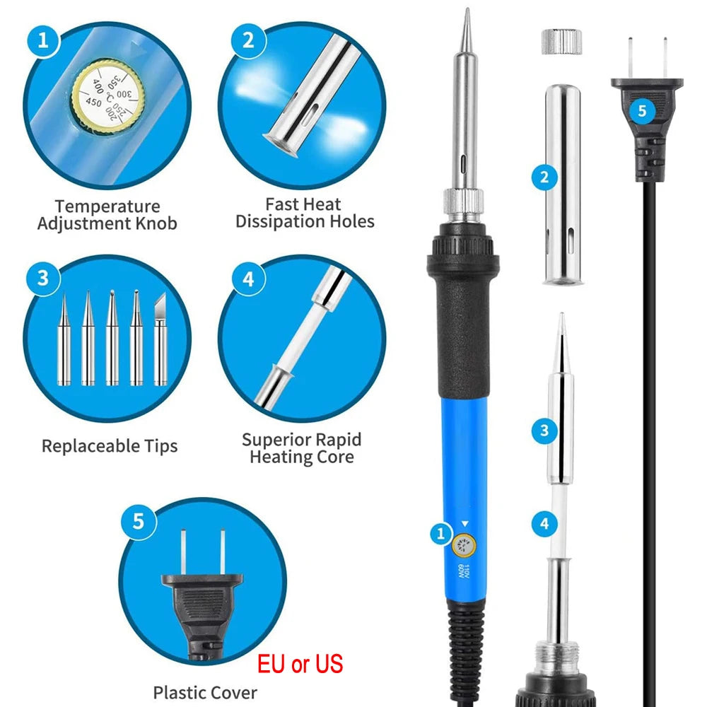 Kit de soldador eléctrico – Temperatura ajustable 60W, 10/16/20 en 1, enchufe US y EU