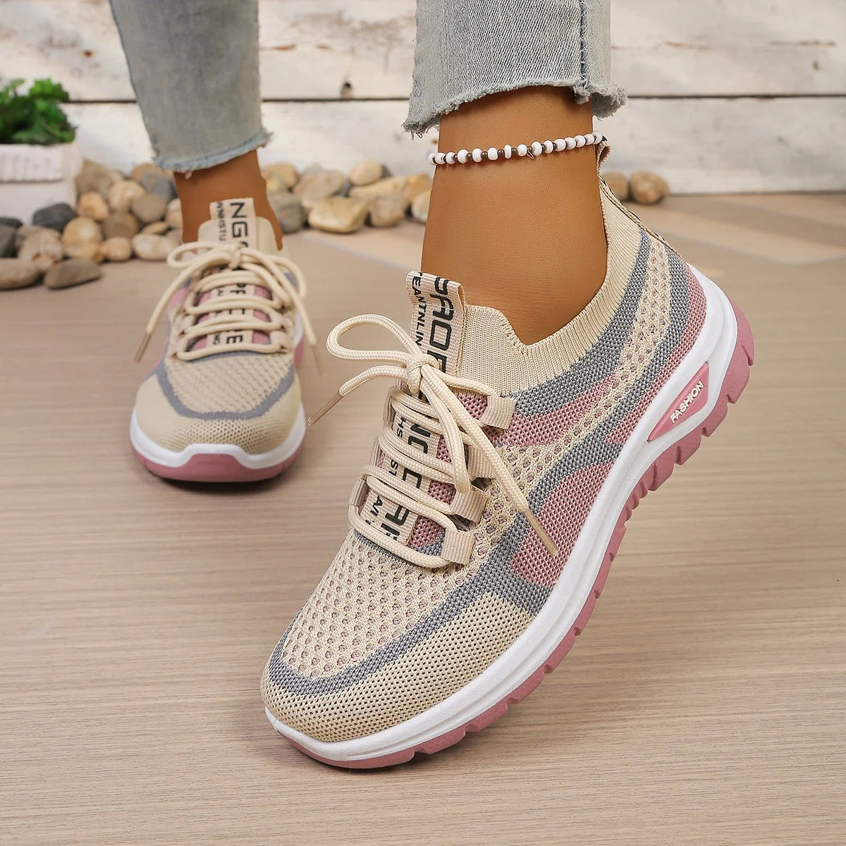 Zapatillas de lona de dos tonos para mujer – Zapatos casuales de trabajo con cordones