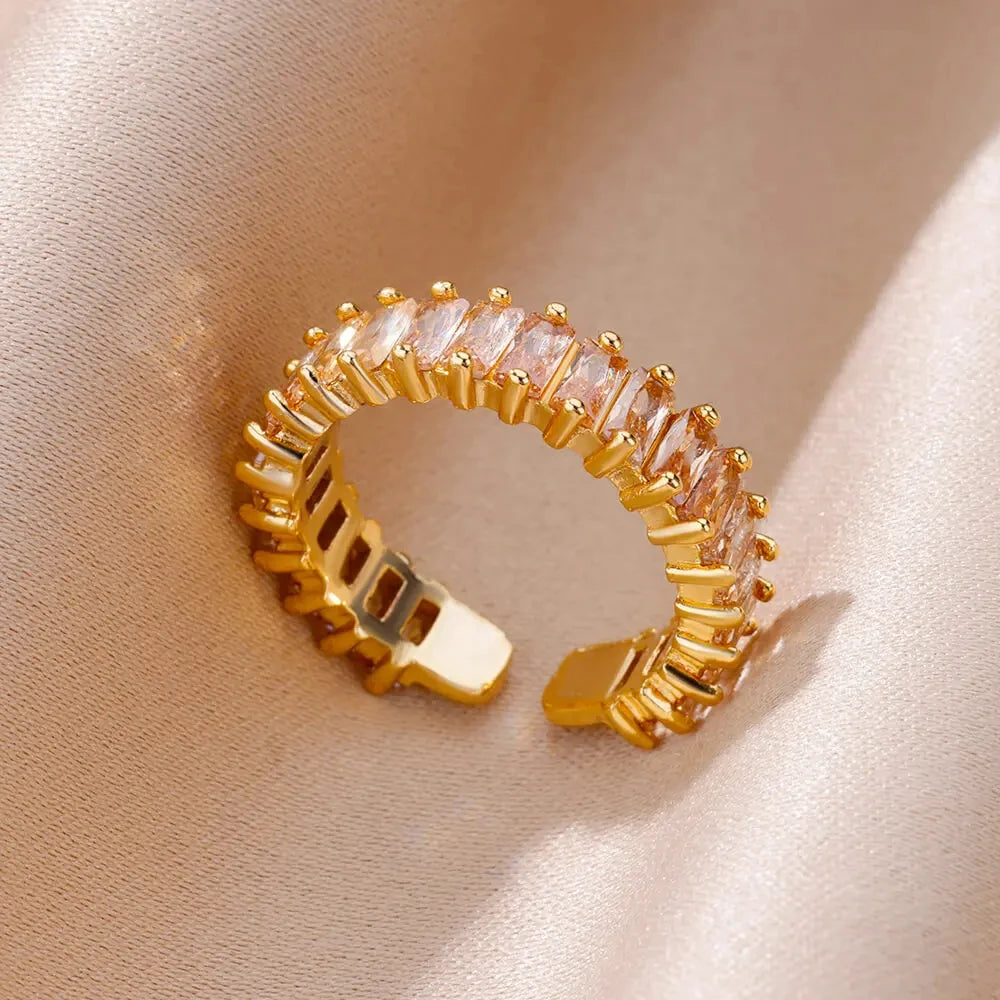 Colorful Cubic Zirconia Open Ring | 18K Gold Plated Stainless Steel | Boho Vintage Style | Women's Gift