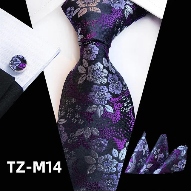 Floral Silk Necktie, Pocket Square & Cufflinks Set – Multiple Colors