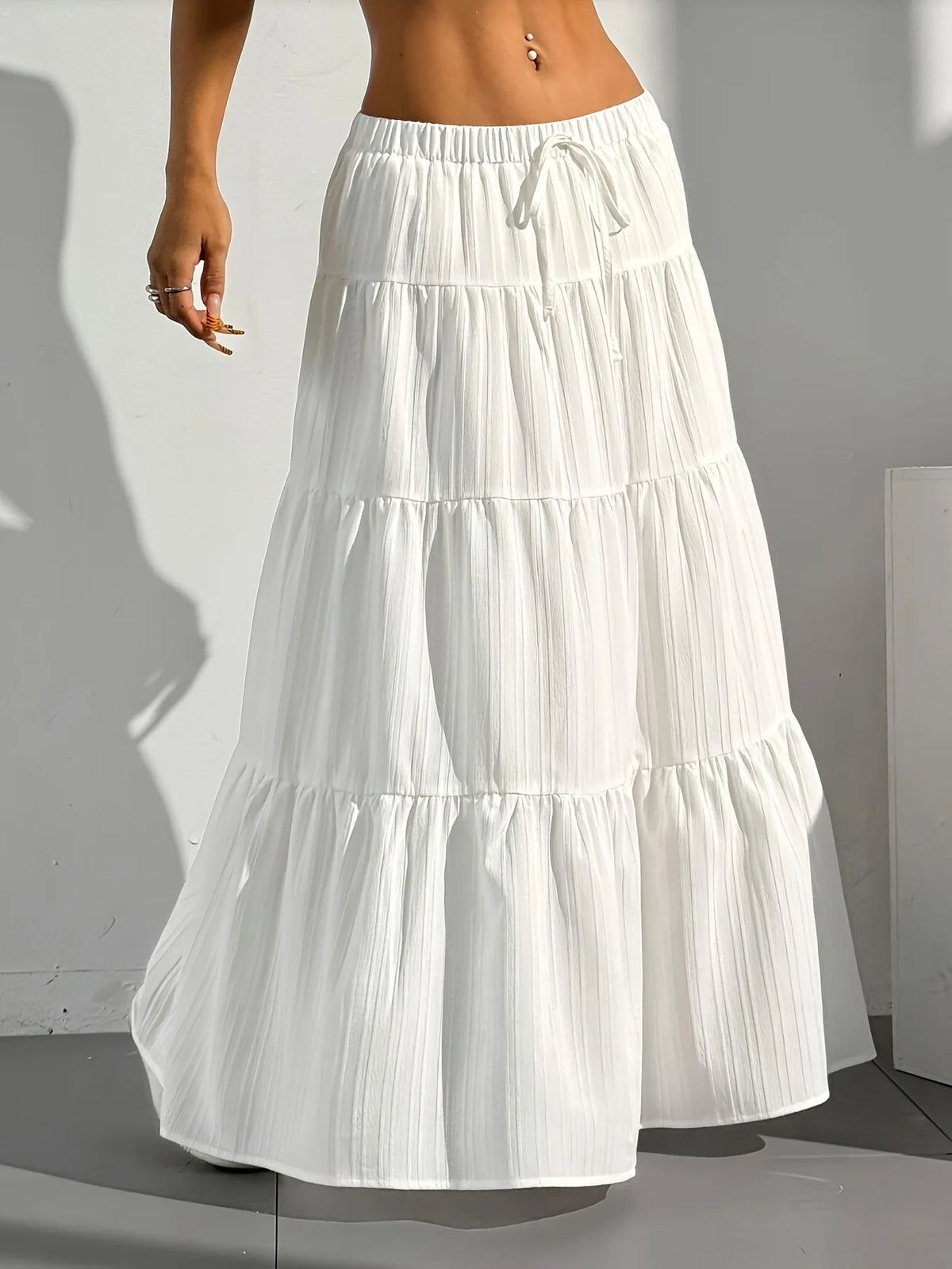 Tie-Strap Pleated Flared Maxi Skirt