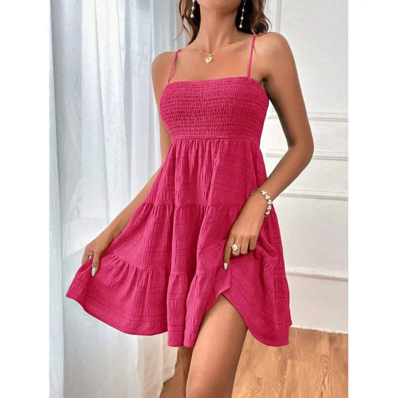 Women's Smocked Bustier Spaghetti Strap Tiered Mini Dress
