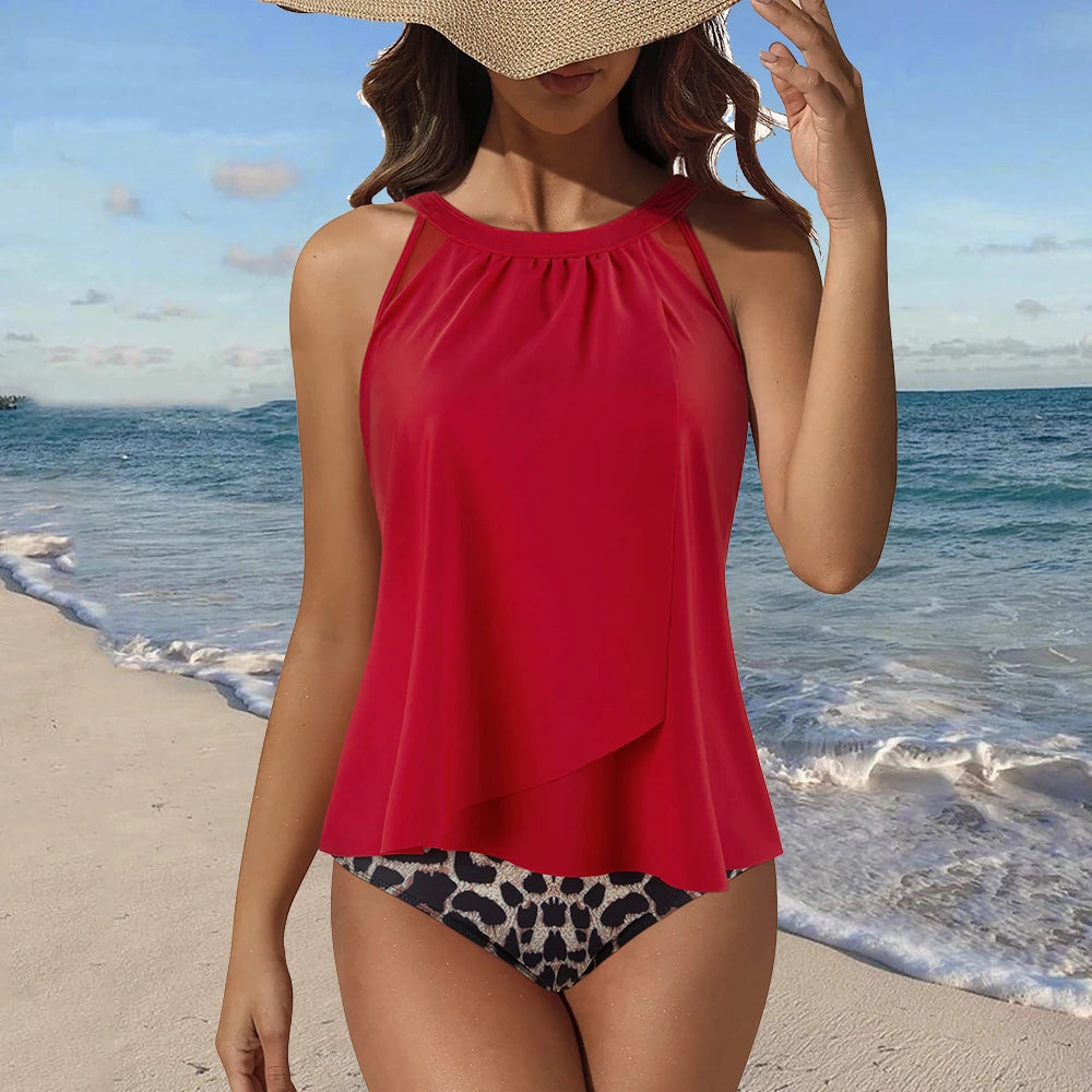 High-Waisted Padded Tankini Bikini Set – Adjustable Straps, 2-Piece Swimsuit