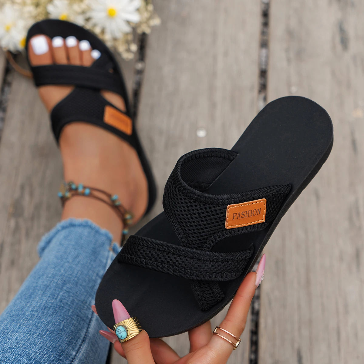 Sandalias deportivas de malla transpirable para mujer – Chanclas planas para interior y exterior