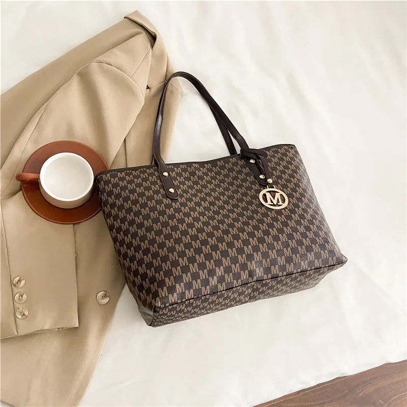 Letter Print Faux Leather Tote Bag — Large Capacity Shoulder Bag for Women