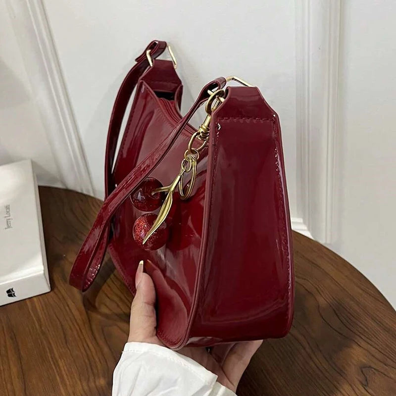 Vintage Retro PU Leather Shoulder Bag — Underarm Crossbody Handbag with Cherry Pendant
