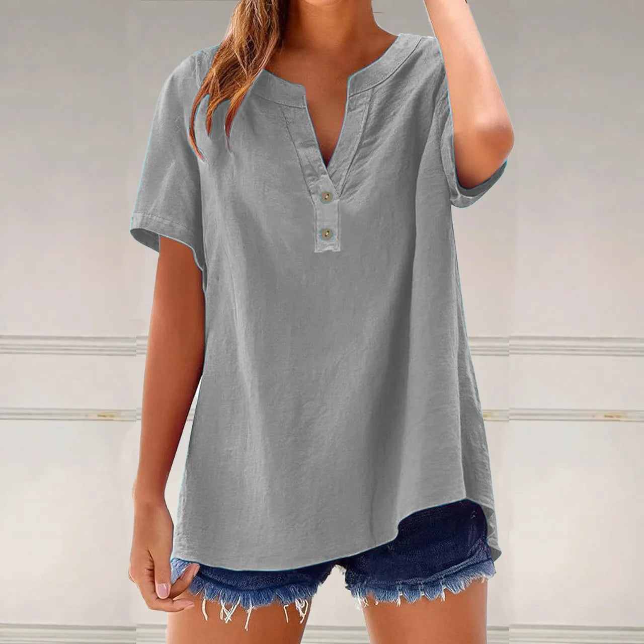 Summer Cotton Linen Women Shirts Fashion Breathable Solid Color V-Neck Blouses Casual Short Sleeve Button Lady Office Tops 2025
