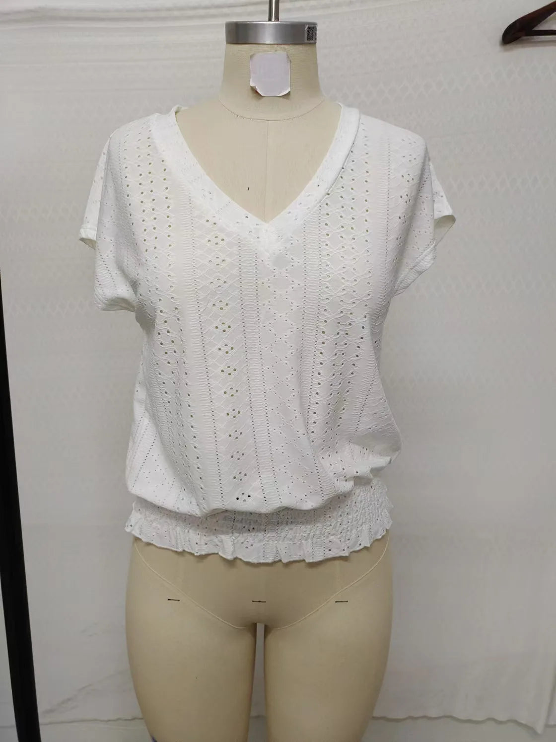 2025 Spring Summer New Fashion Blouses Solid V-Neck Jacquard Hollow-Out Smocking Short-Sleeve Shirts Fashion Casual Women's Tops