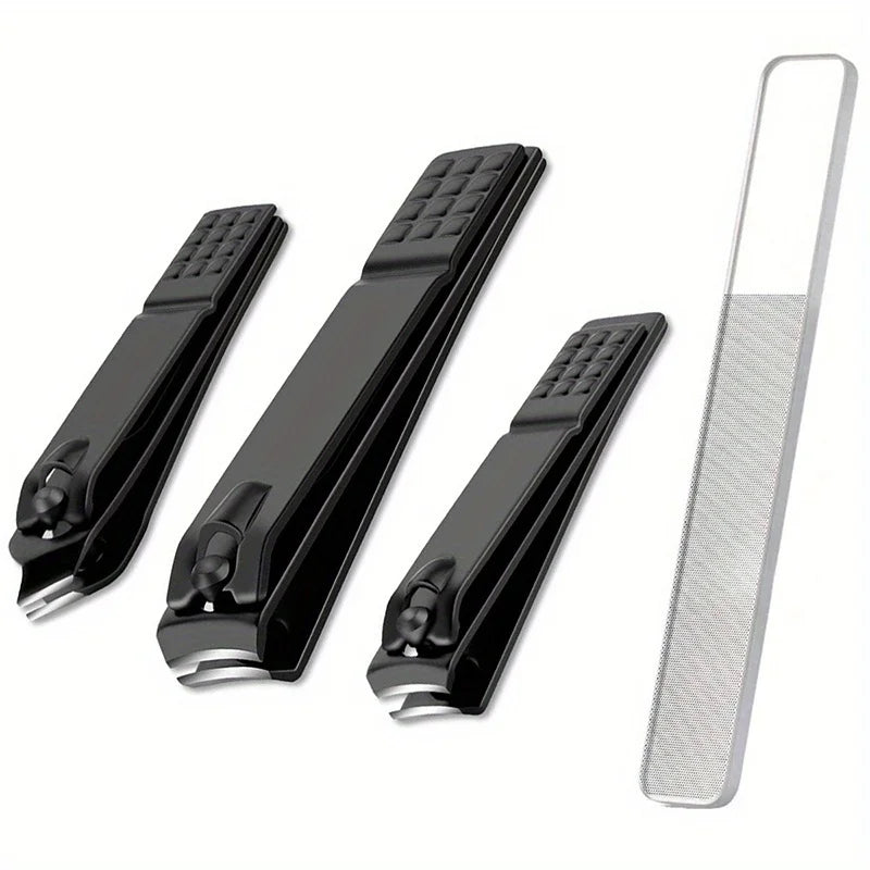 Black Stainless Steel Nail Clipper Set – 4-Piece Manicure Kit with Nano Glass File