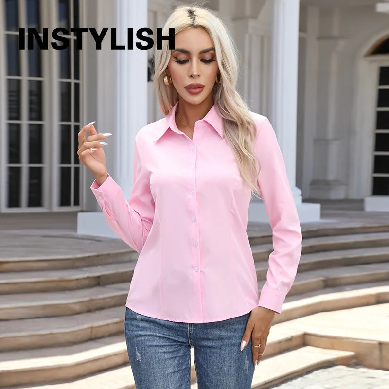 Women's Button Chiffon Blouse - Turn-Down Collar (S-XXXL)
