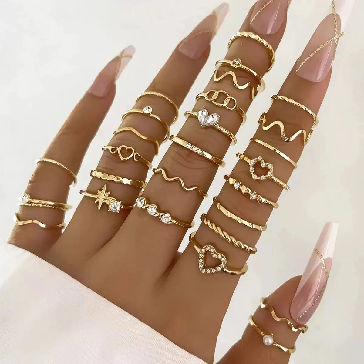 23-Piece Luxury Zircon Wave Ring Set for Women | Multi-Element Daily Wear