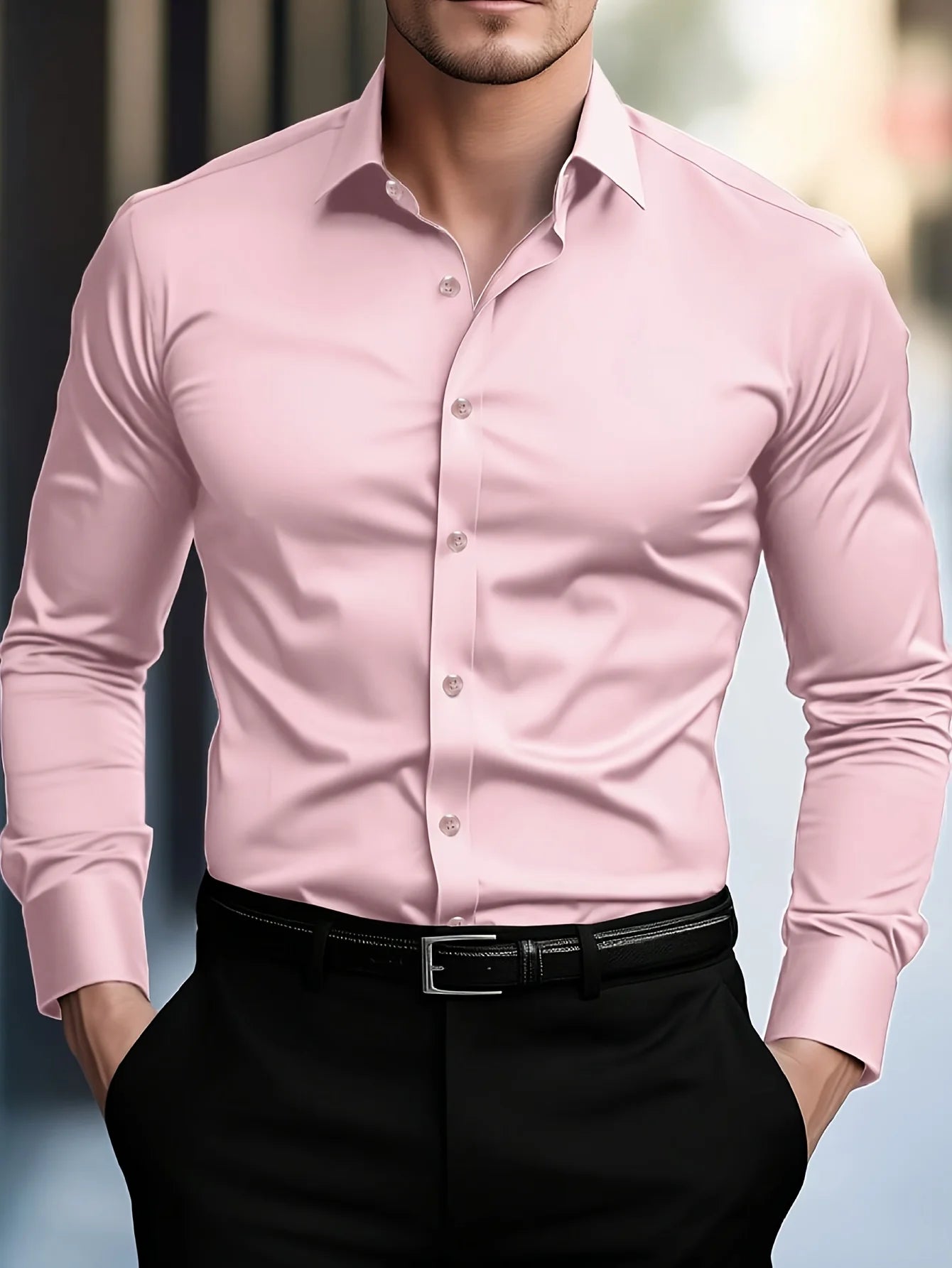 Camisa de manga larga de color liso para hombre