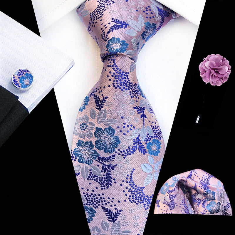 Floral Silk Necktie, Pocket Square & Cufflinks Set – Multiple Colors
